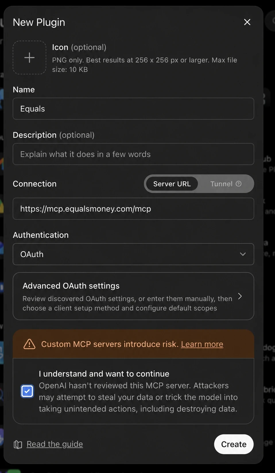 New plugin form in ChatGPT with the Equals name, connector address and OAuth selected