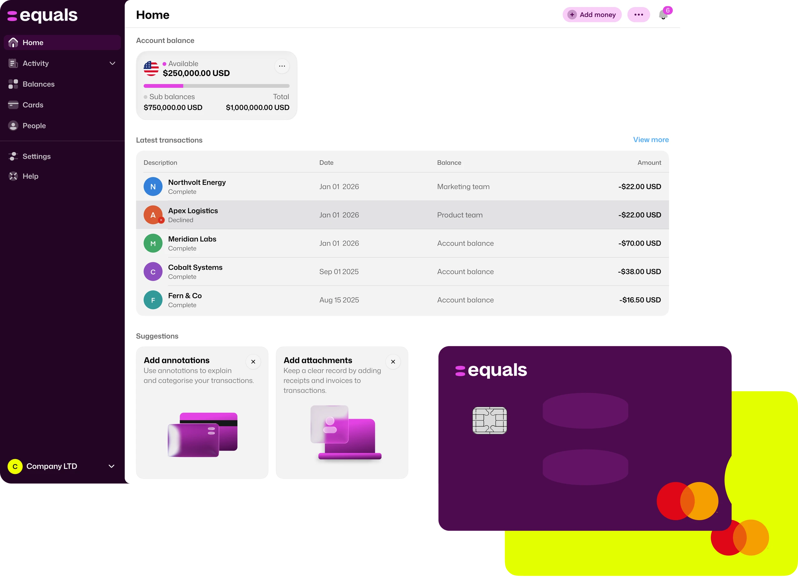 Equals platform showing a USD account balance and expense cards