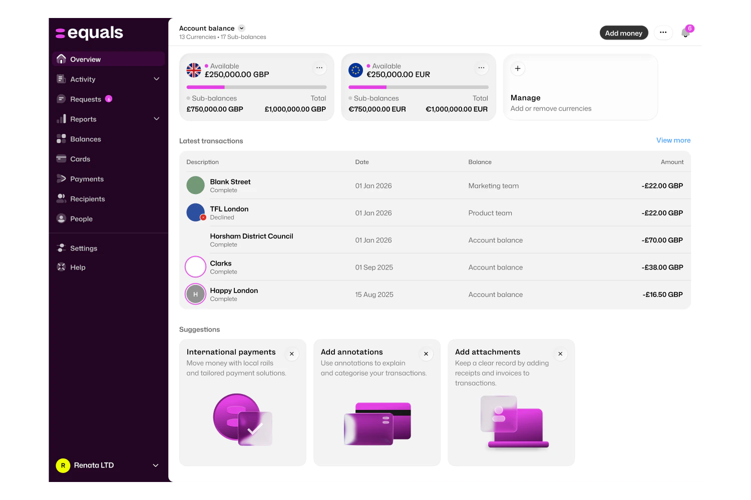 Equals platform dashboard showing real-time team transactions