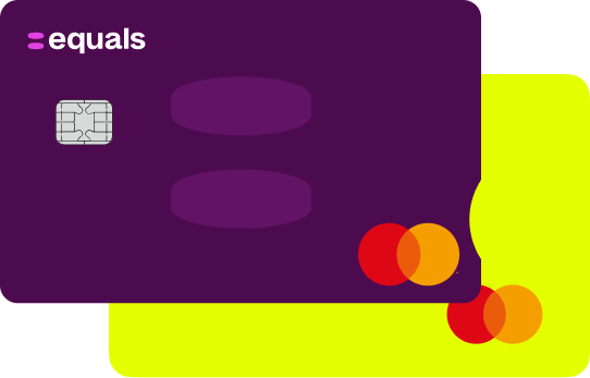 Two Equals-branded expense cards, one purple and one lime green