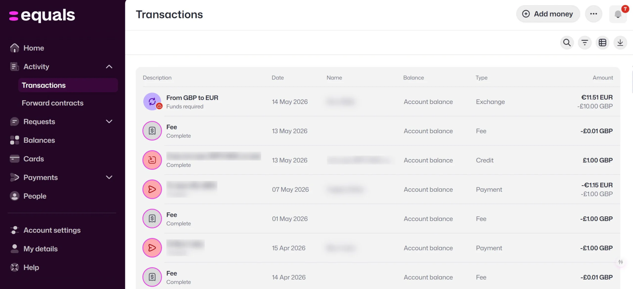 Financial Application Transaction History Interface