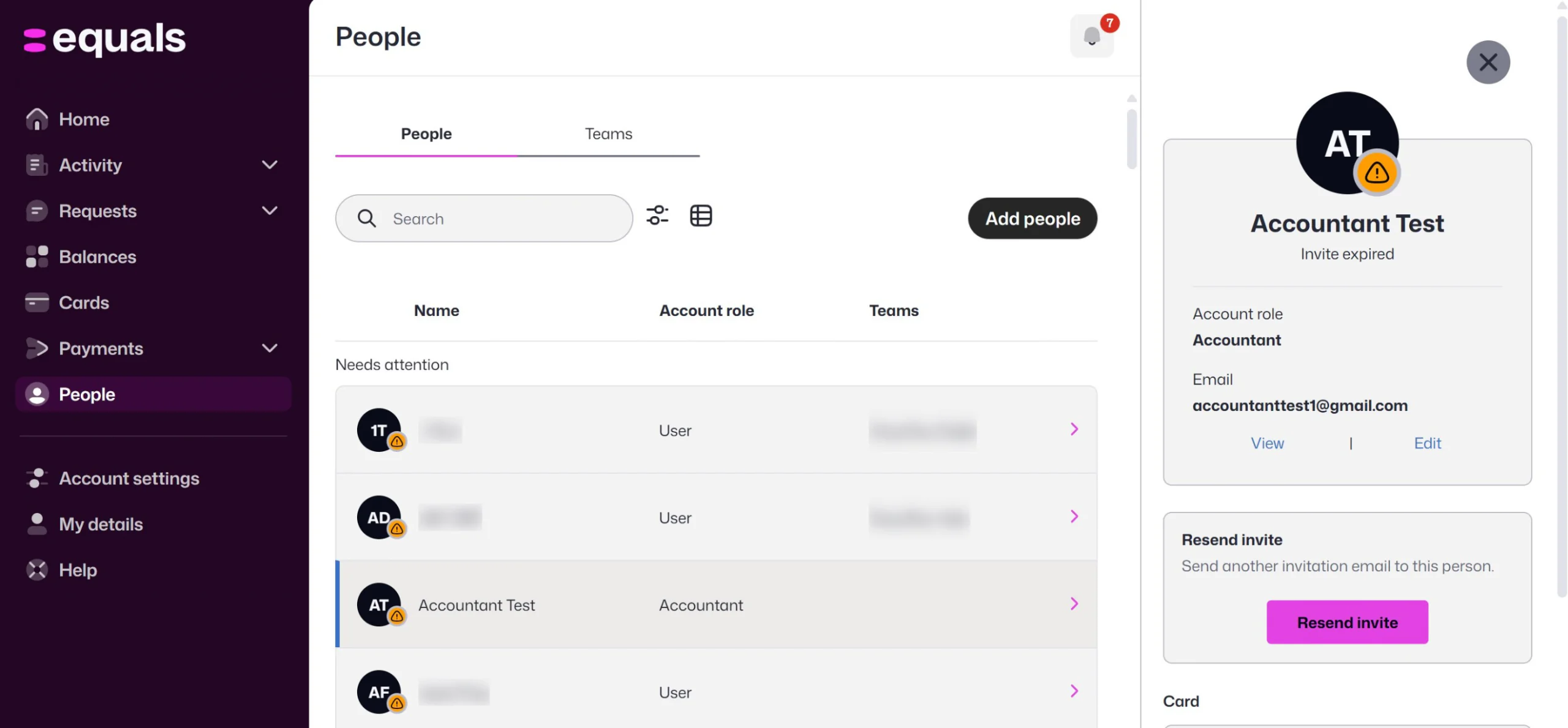 The People page with a person selected, showing their account role and email