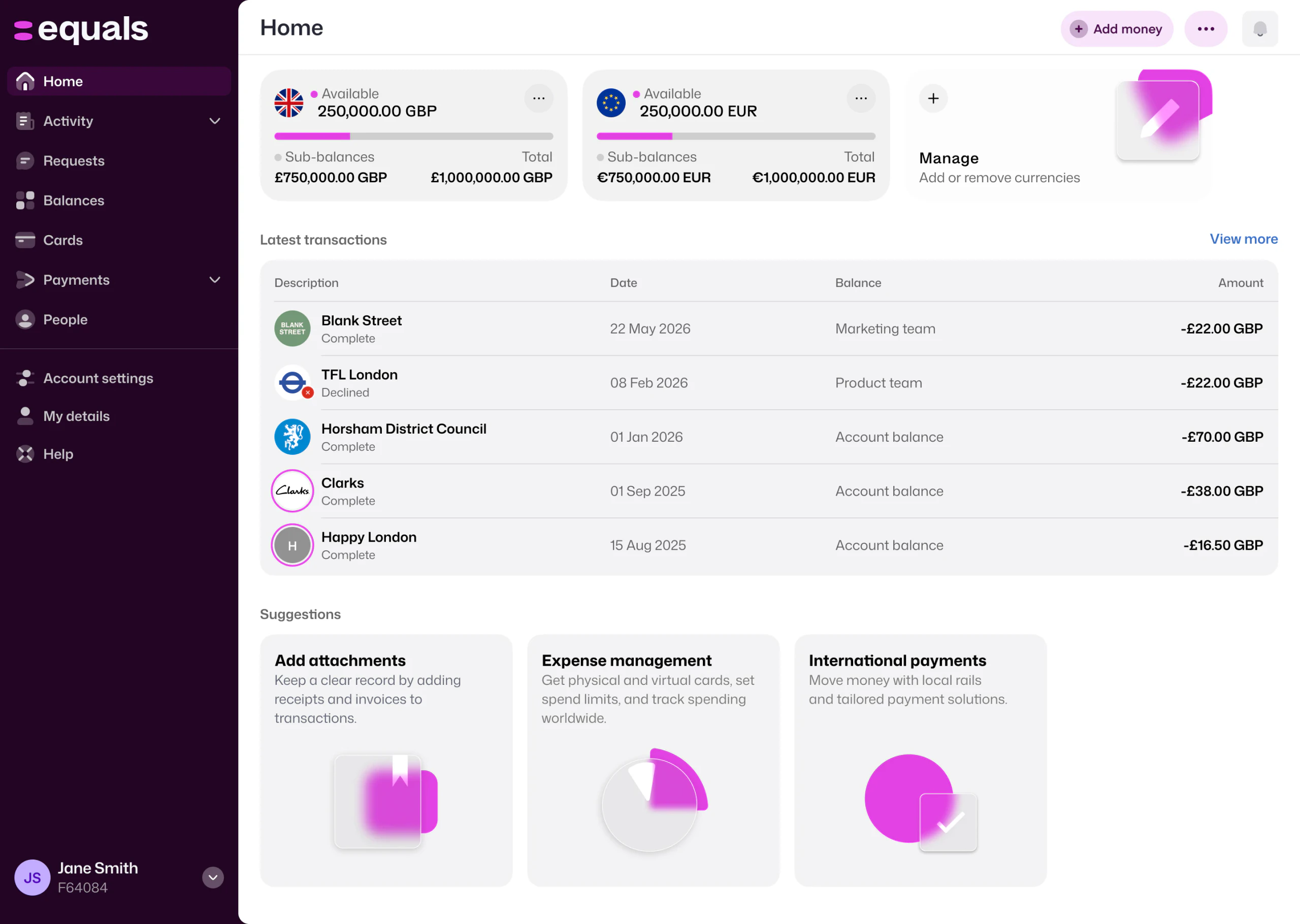 Equals platform account overview