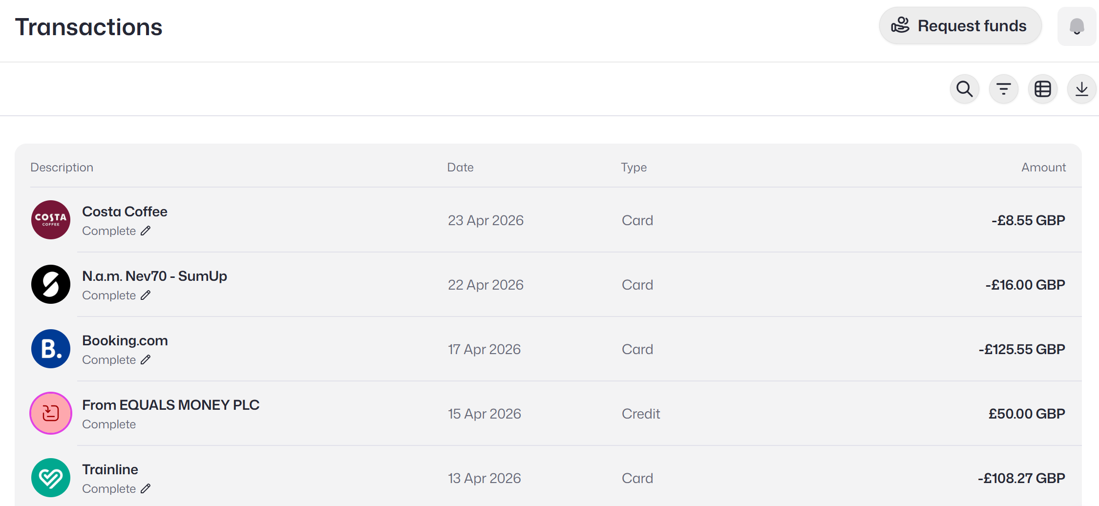 Transactions main page