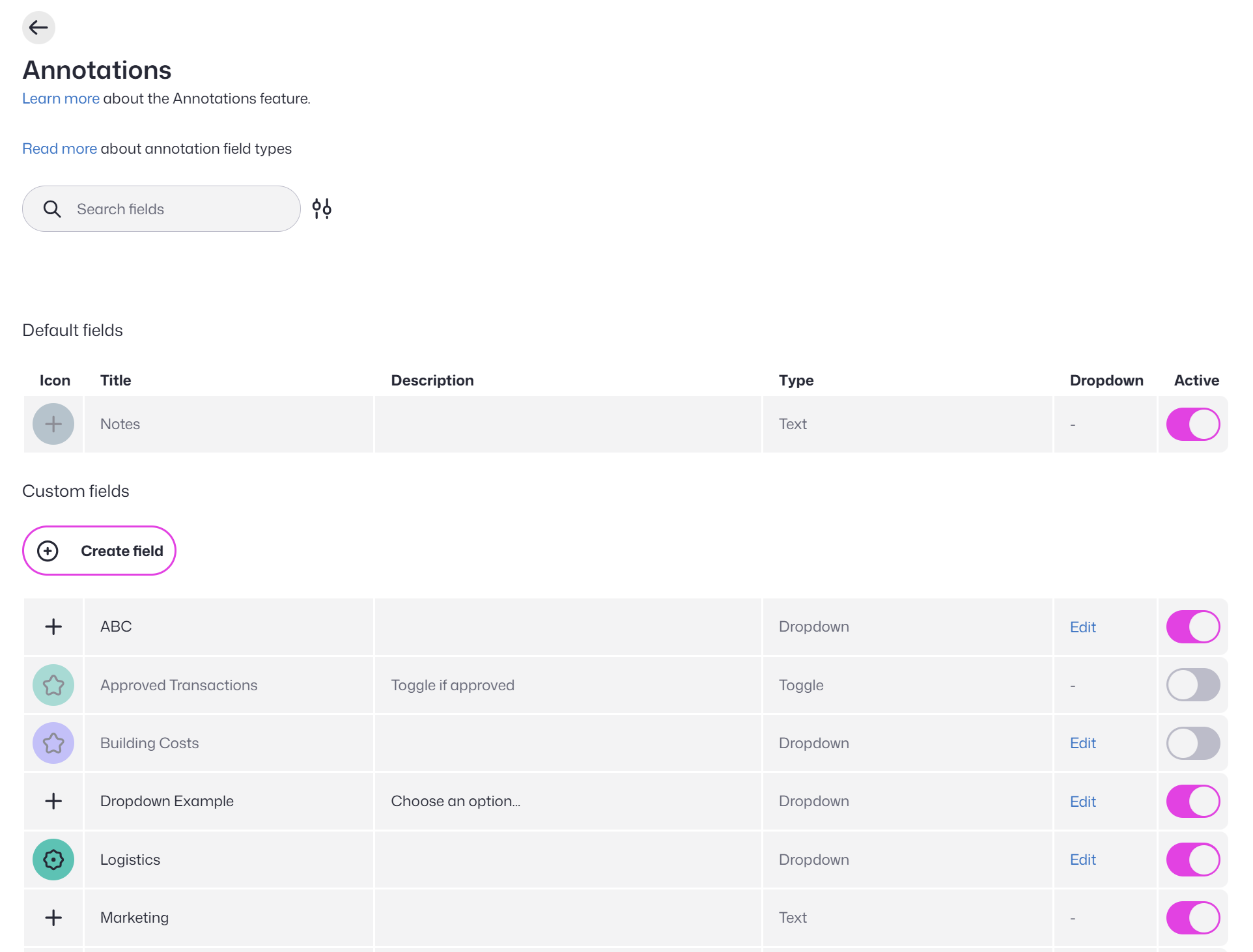 Annotations settings page