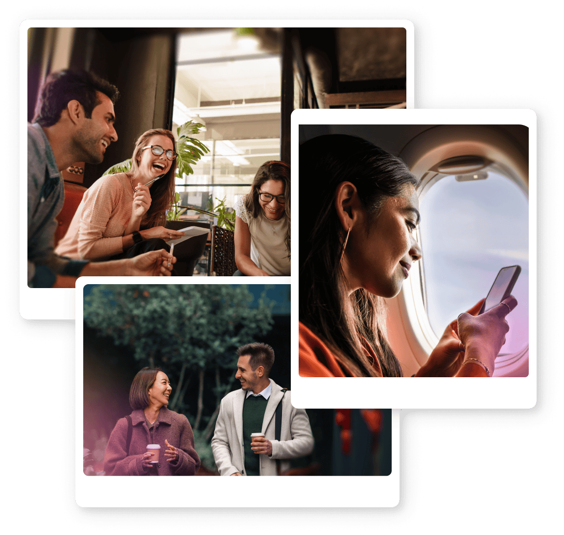 Photos of people networking, travelling and meeting for coffee
