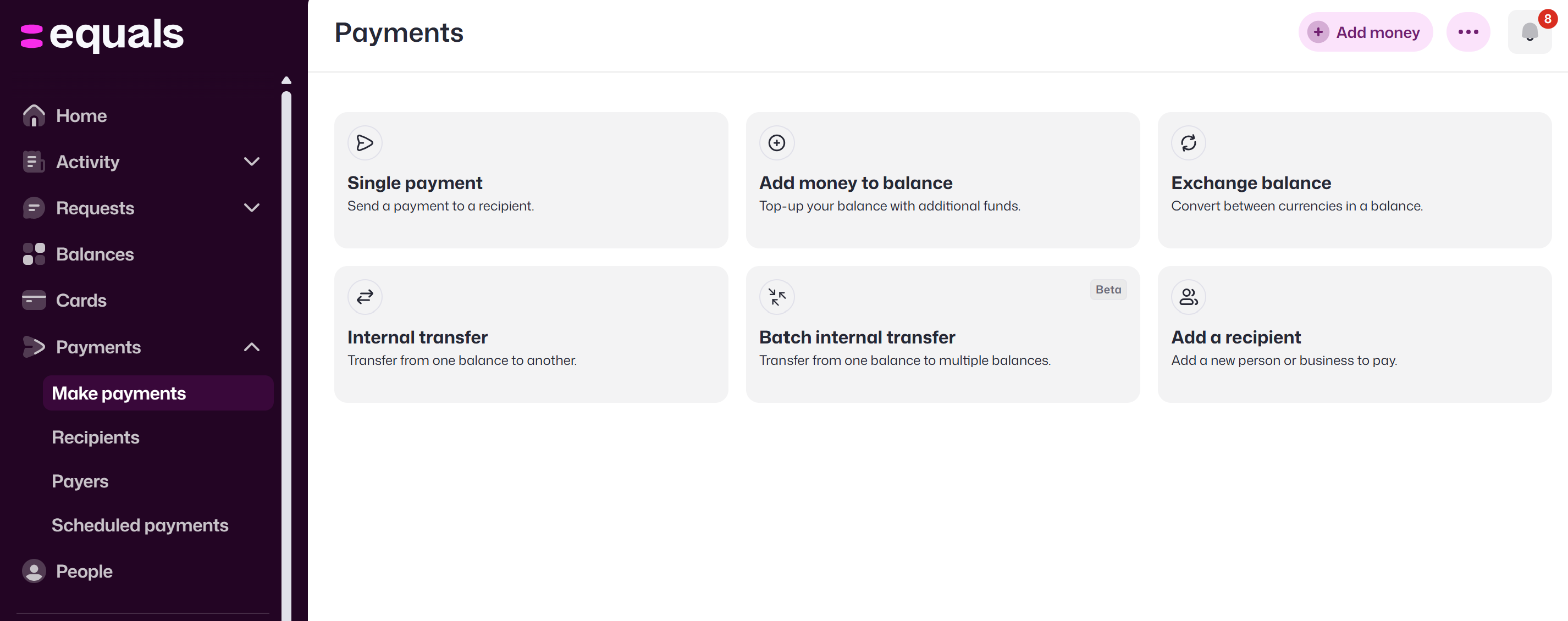 Payments screen