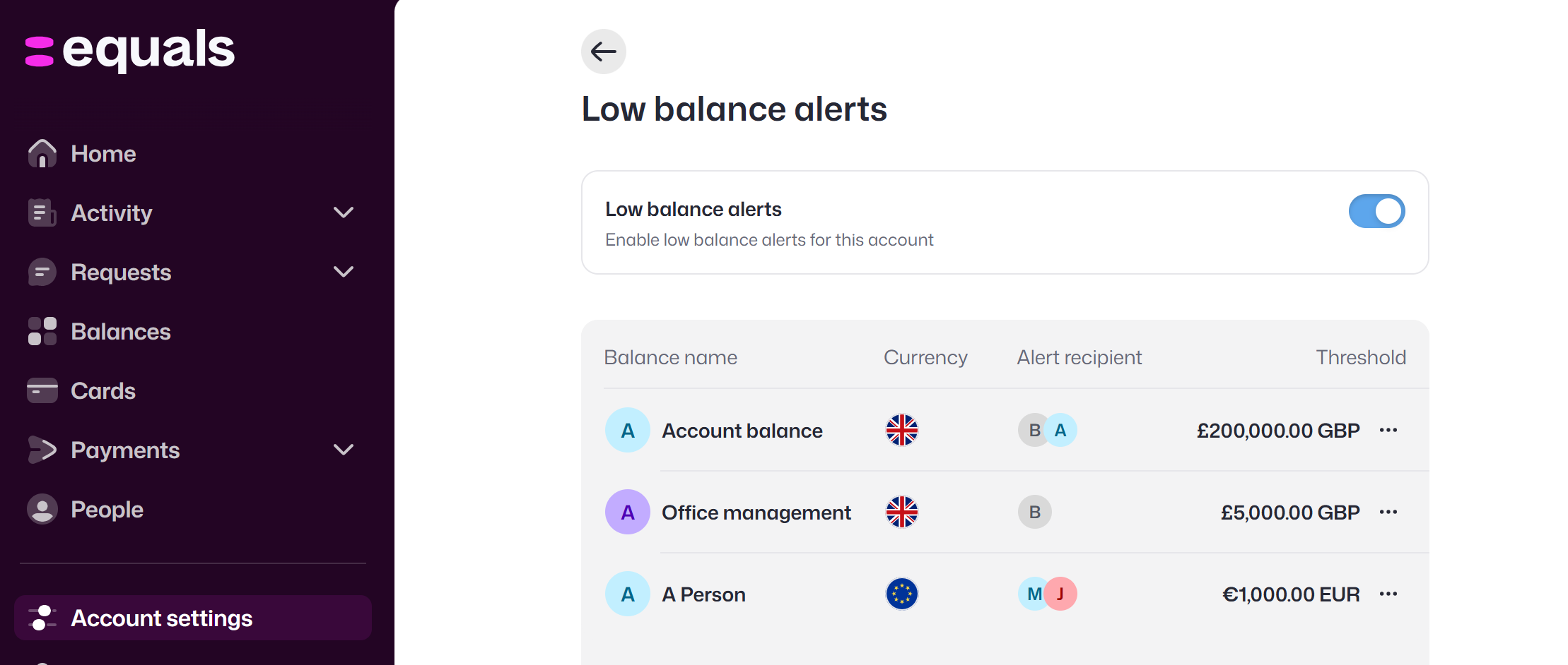 Low balance alerts screen