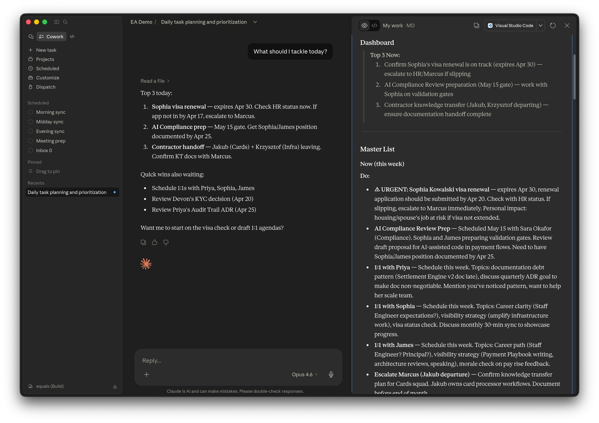 Screenshot of Claude Executive Assistant answering "what should I tackle today?" with a prioritised top-3 list alongside its synced markdown dashboard