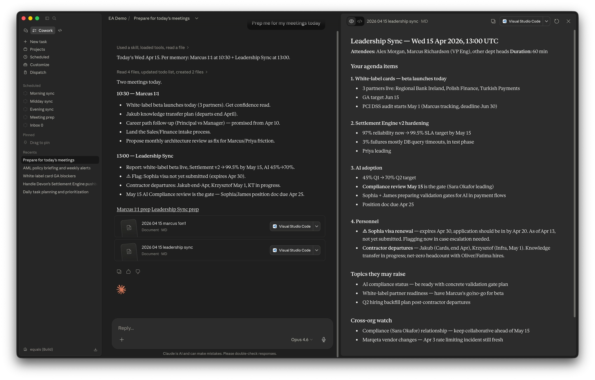 Screenshot of Claude Executive Assistant preparing briefing notes for two upcoming meetings, including agenda items, personnel flags, and topics likely to come up
