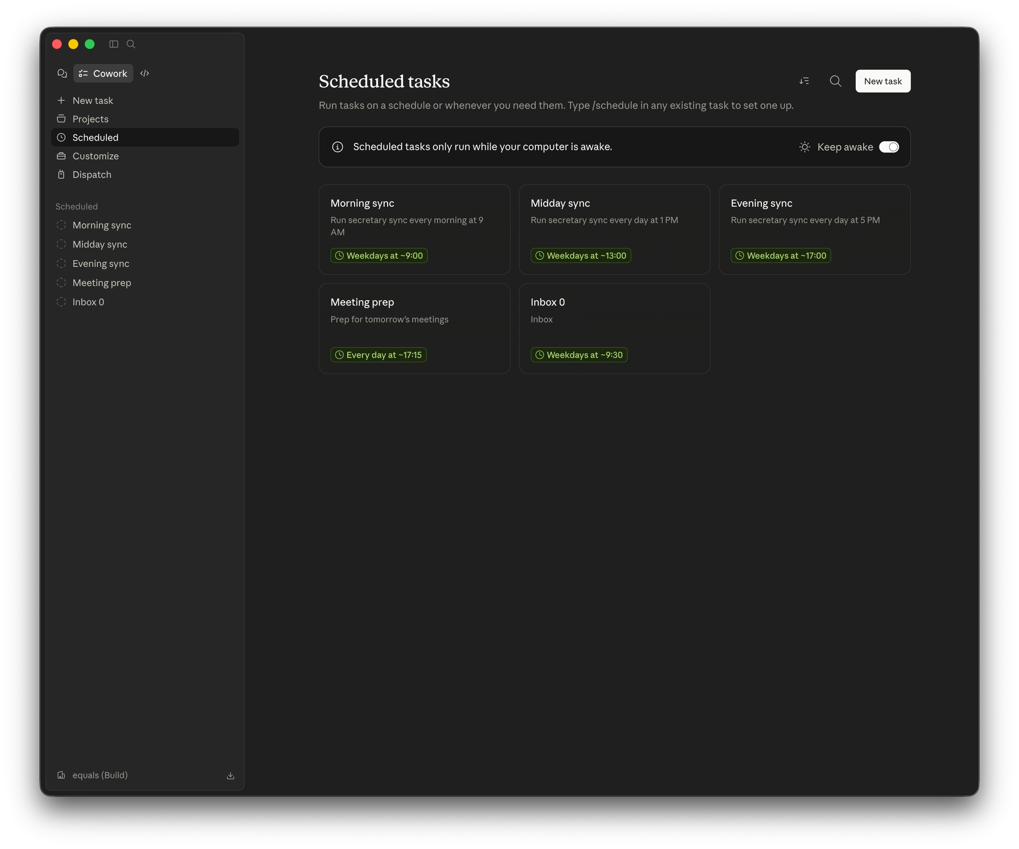 Screenshot of Claude Executive Assistant's scheduled tasks screen, showing morning, midday and evening sync tasks running automatically on weekdays