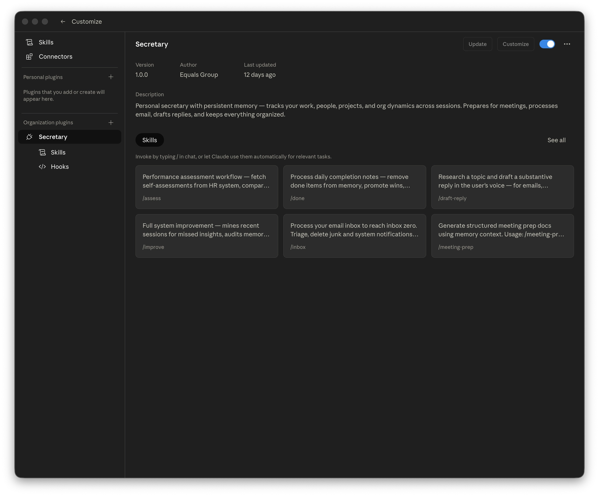 Screenshot of the Cowork plugin settings page showing the Secretary organisation plugin and its skills, including /assess, /done, /draft-reply, /improve, /inbox and /meeting-prep