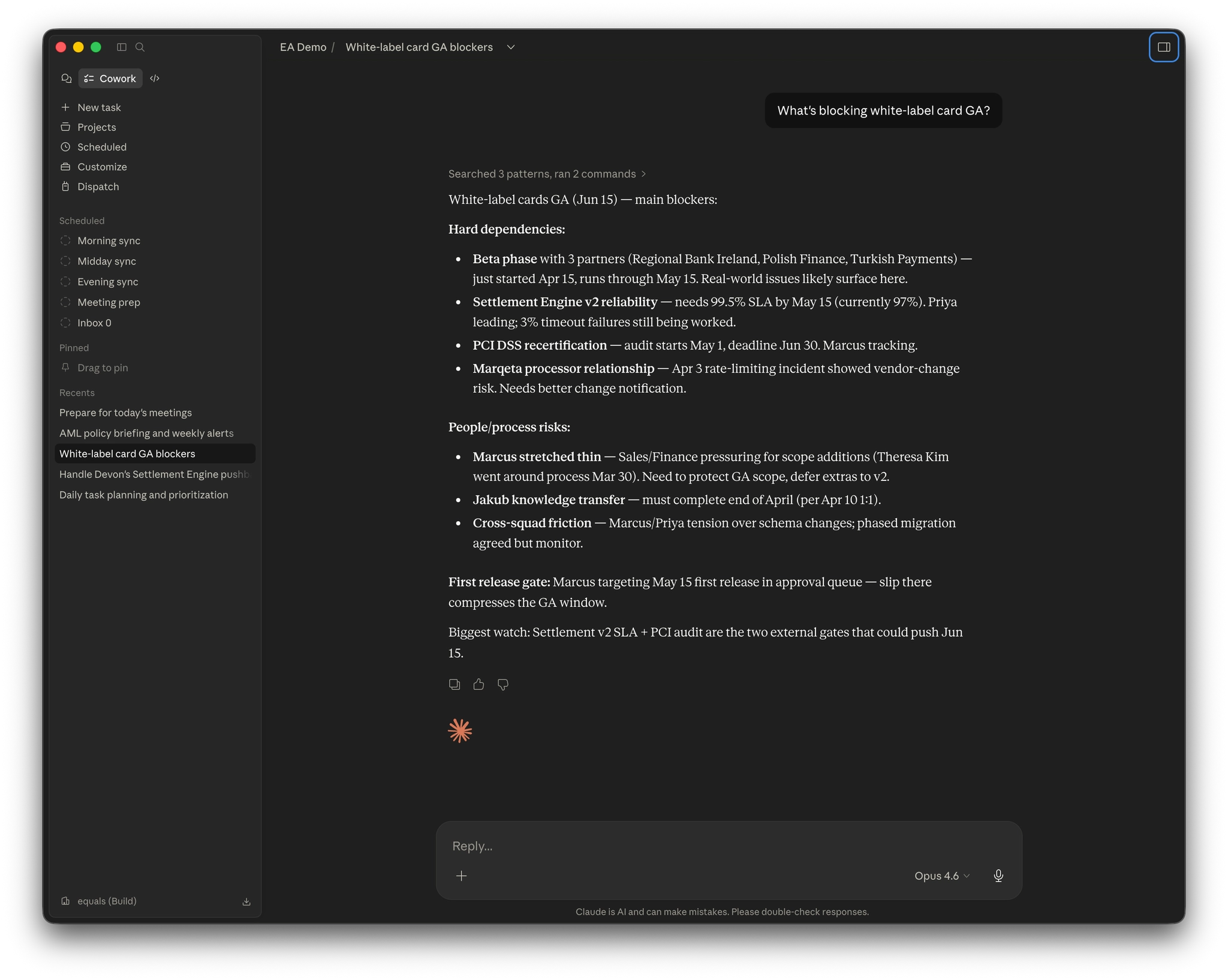 Screenshot of Claude Executive Assistant answering "what's blocking white-label card GA?" with hard dependencies and people and process risks