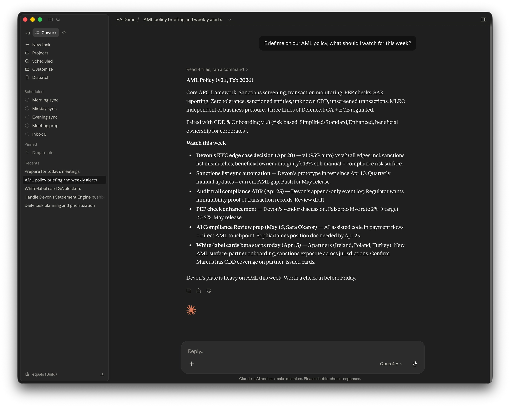 Screenshot of Claude Executive Assistant briefing on the company's AML policy and flagging compliance items to watch that week